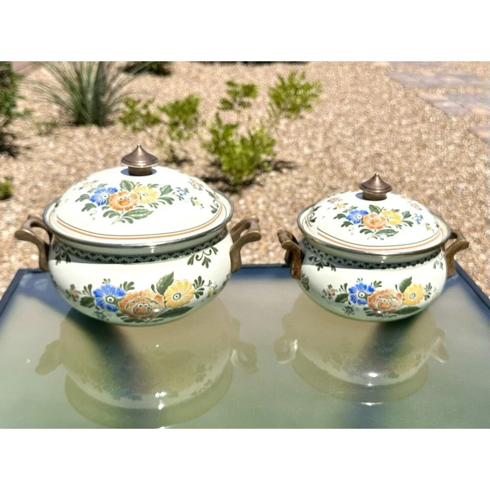 1960s ASTA Enamelware Dutch Oven Casserole 4 Qrt & 2 Qrt Brass Handles Floral